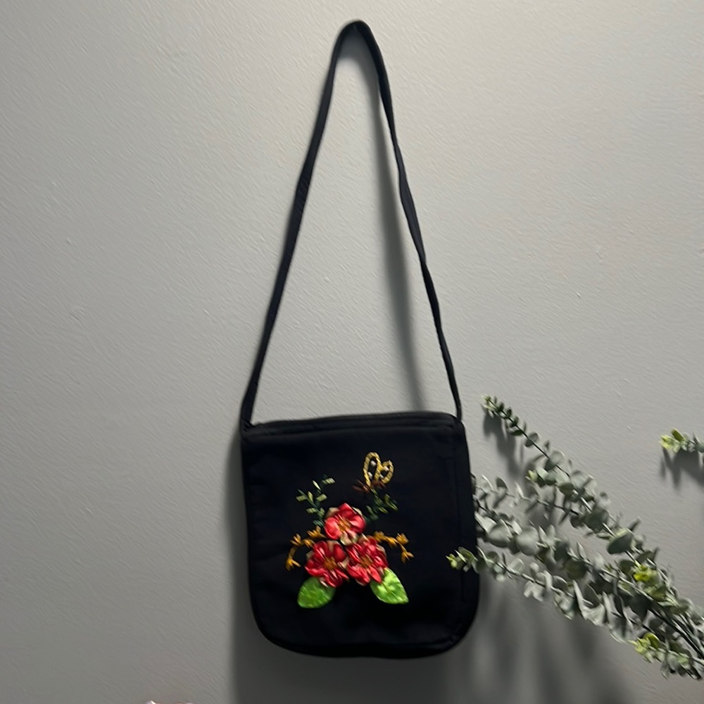 Black floral fabric shoulder bag/ Handmade purse